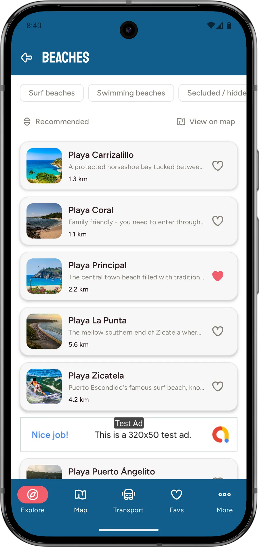 The Oaxacan Coast app showing a category list screen