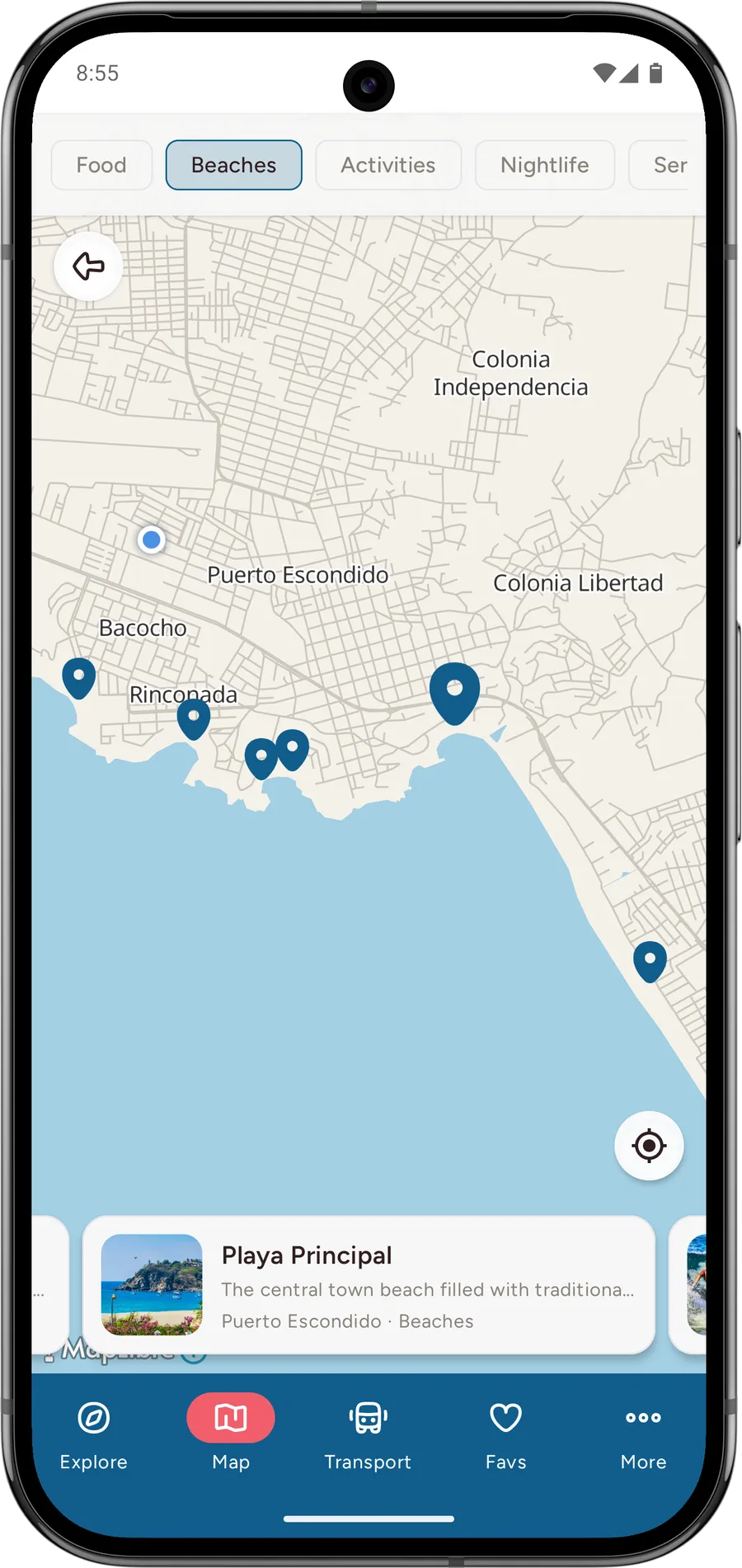 The Oaxacan Coast app showing the interactive coast map
