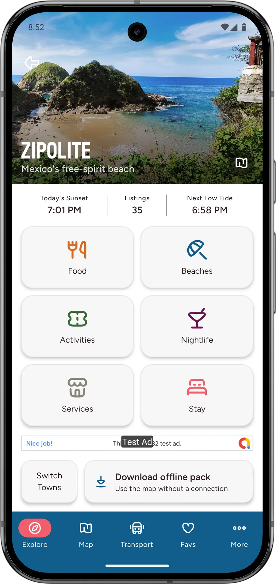 The Oaxacan Coast app showing a listing detail screen
