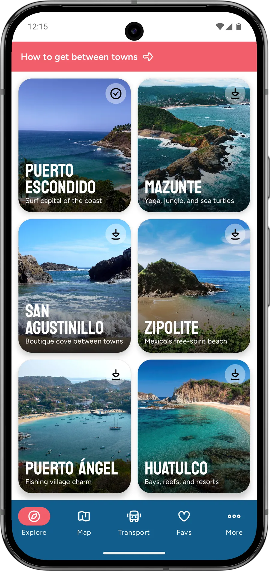The Oaxacan Coast app showing the town selector screen