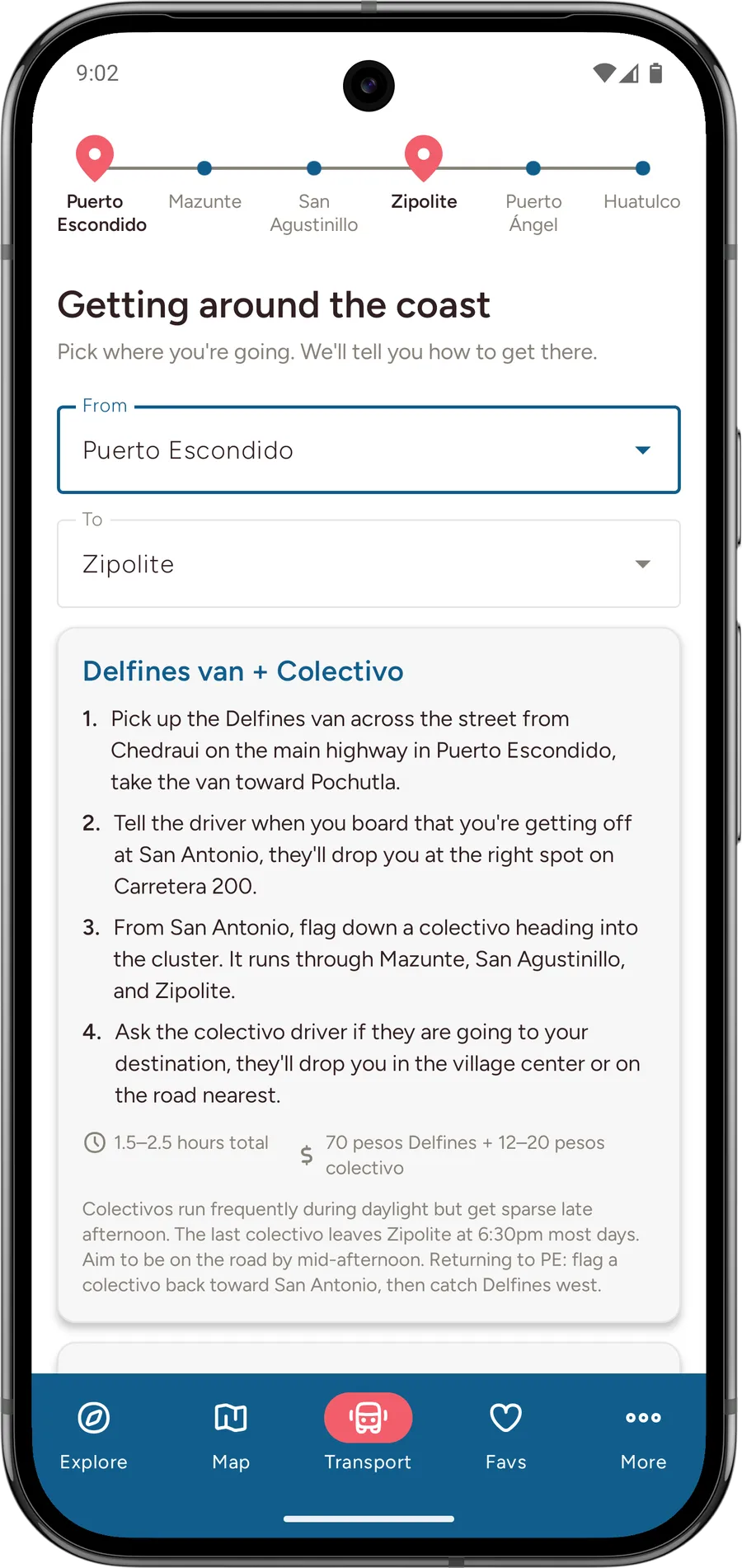 The Oaxacan Coast app showing town-to-town transport directions